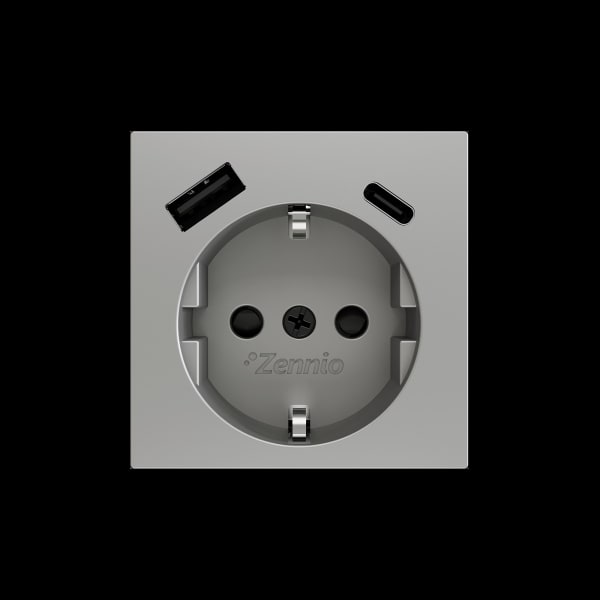 ZENNIO - ZS55. Schuko-Steckdosenabdeckung mit USB C und A 55x55mm-Silber