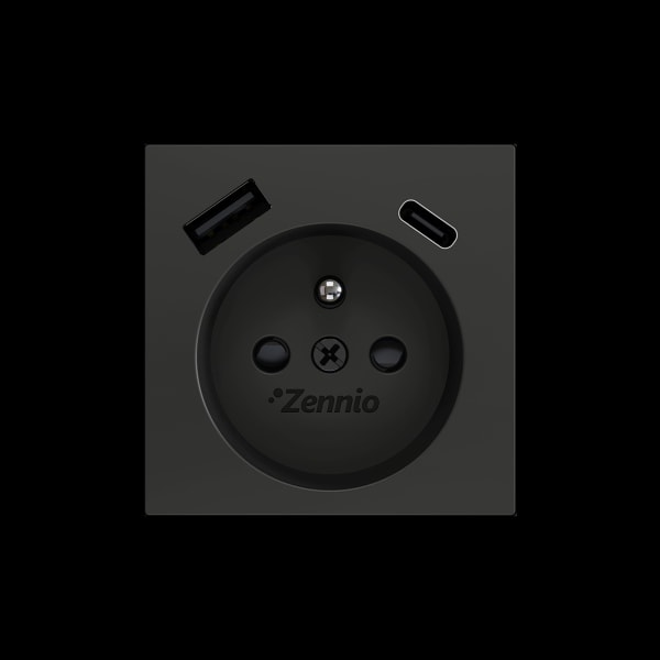 ZENNIO - ZS55. Französischer Steckdosenabdeckung mit USB C und A 55x55mm-Schwarz