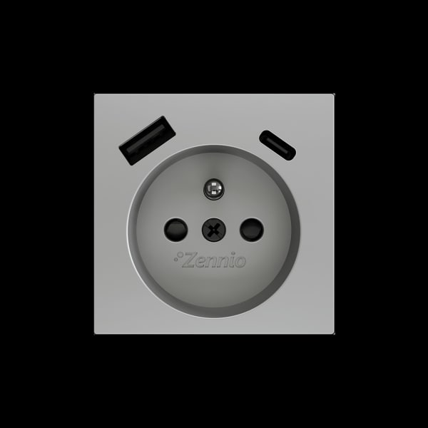 ZENNIO - ZS55. Französischer Steckdosenabdeckung mit USB C und A 55x55mm-Silber