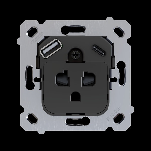 ZENNIO - ZS55/ZS70. Euro-Amerikanischer Steckdoseneinsatz mit USB C und A
