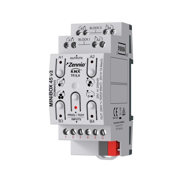 ZENNIO - MINiBOX 45 v3. 2-Rohr Fan-Coil-Controller mit KNX Secure-5 A/D Eingänge