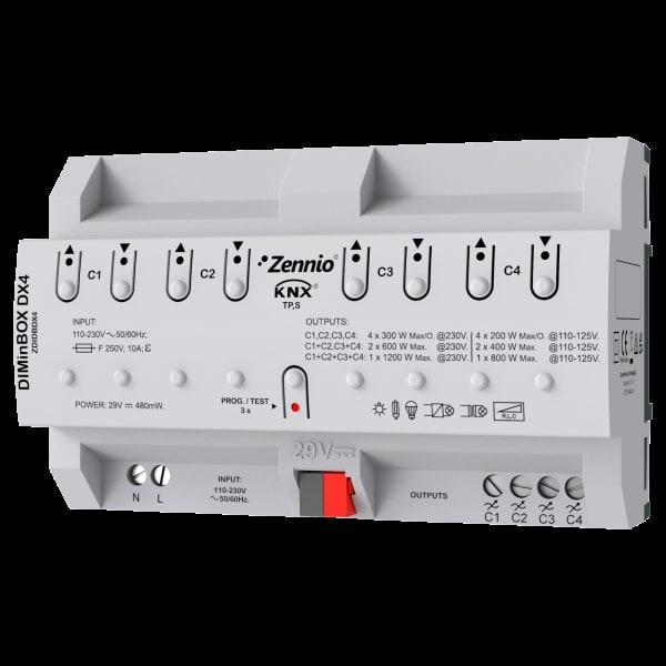 ZENNIO - DIMinBOX DX4. Universaler Dimm-Aktor. 4 Kanäle x 300W.