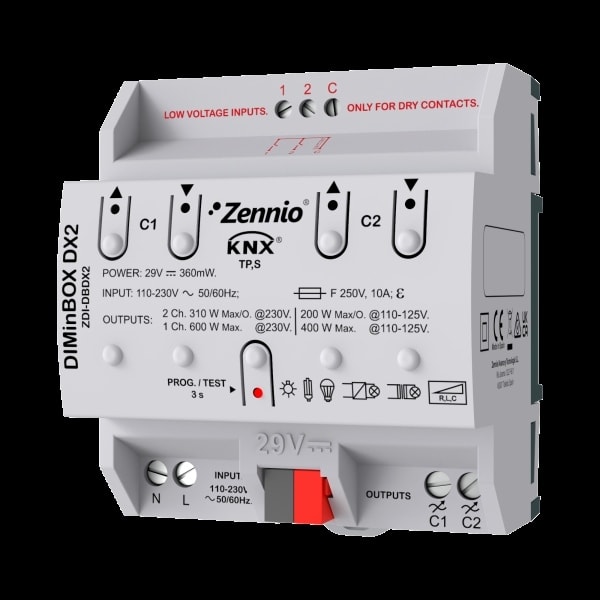 ZENNIO - DIMinBOX DX2. Universaler Dimm-Aktor. 2 Kanäle x 310W oder 1 Kanal x 600W.